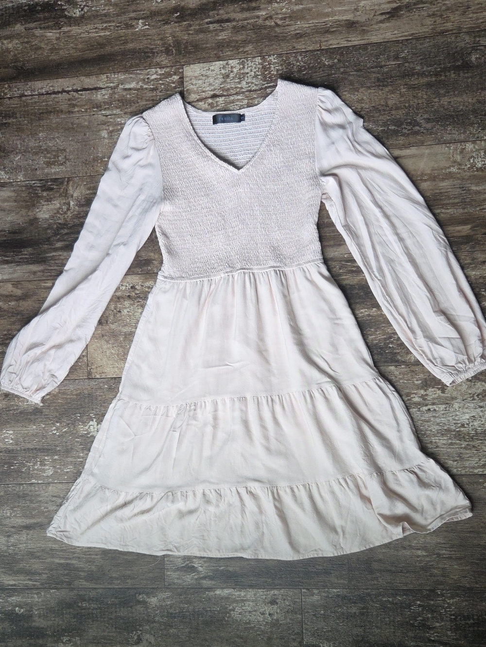Smocked V-Neck Long Sleeve Tiered Dress in Cream